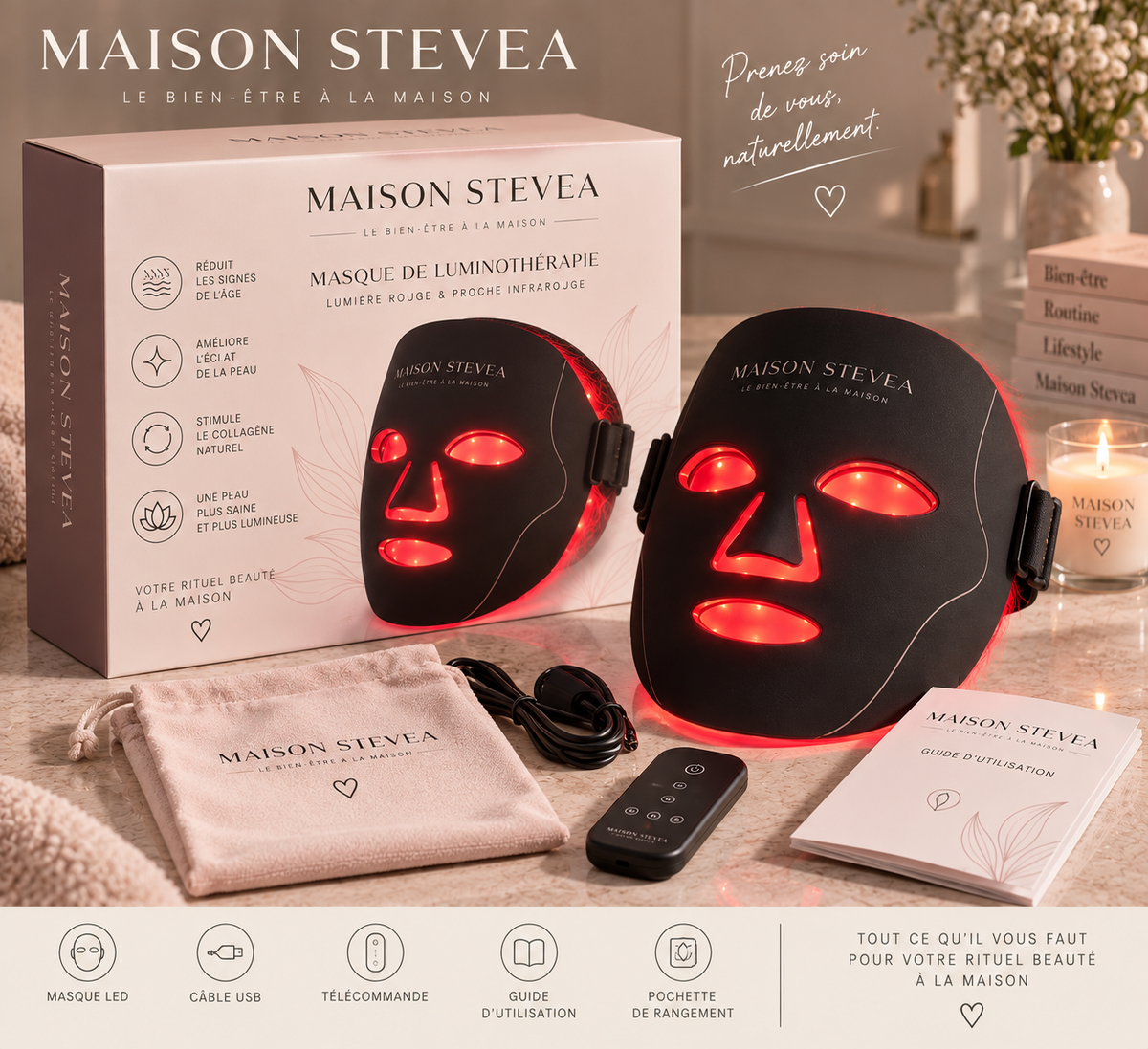 Masque LED Visage Maison Stevea™ – Lumière Rouge & Proche Infrarouge