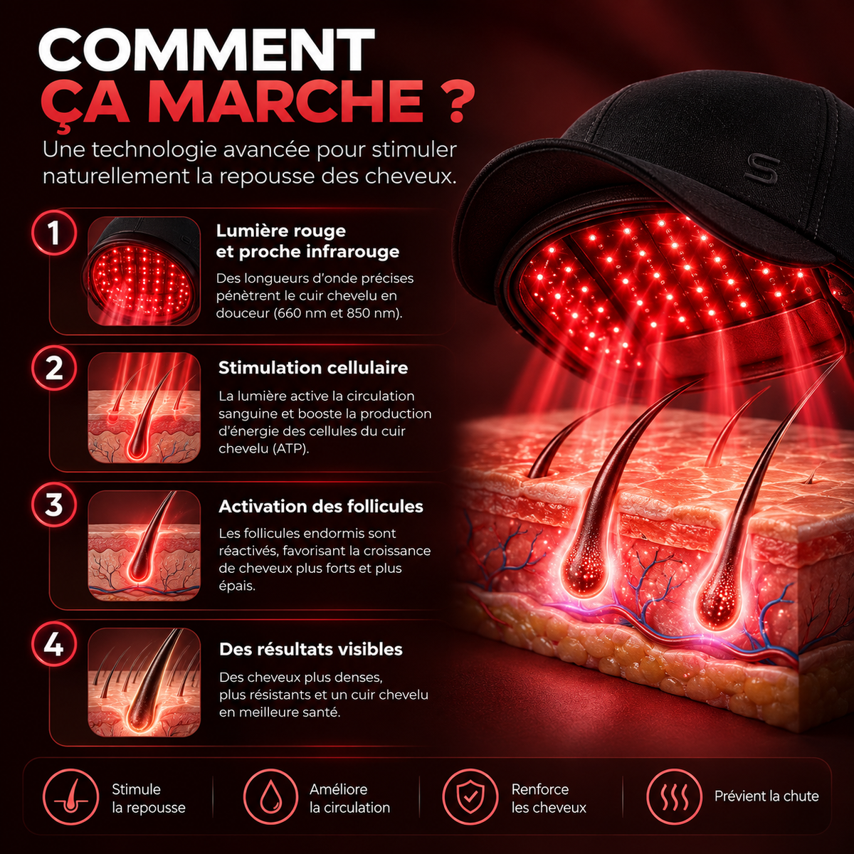 Casquette LED Cuir Chevelu MaisonStevea™ – Lumière Rouge & Proche Infrarouge